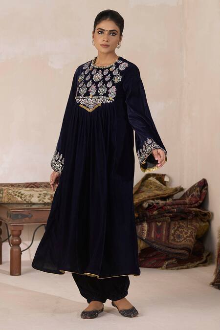 Buy Inej Blue Velvet Sequins Round Neck Embroidered Anarkali And Salwar Set Online at Aza Fashions Buy_Inej_Blue Velvet Sequins Round Neck Embroidered Anarkali And Salwar Set _Online_at_Aza_Fashions