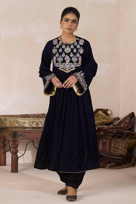 Shop Inej Blue Velvet Sequins Round Neck Embroidered Anarkali And Salwar Set Online at Aza Fashions Shop_Inej_Blue Velvet Sequins Round Neck Embroidered Anarkali And Salwar Set _Online_at_Aza_Fashions