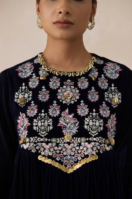 Inej Blue Velvet Sequins Round Neck Embroidered Anarkali And Salwar Set at Aza Fashions Inej_Blue Velvet Sequins Round Neck Embroidered Anarkali And Salwar Set _at_Aza_Fashions