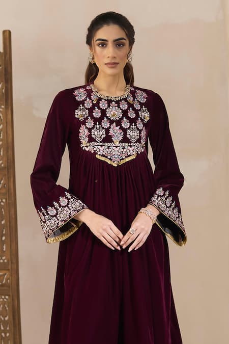Shop Inej Maroon Velvet Embroidery Round Neck Floral Anarkali And Salwar Set at Aza Fashions Shop_Inej_Maroon Velvet Embroidery Round Neck Floral Anarkali And Salwar Set _at_Aza_Fashions