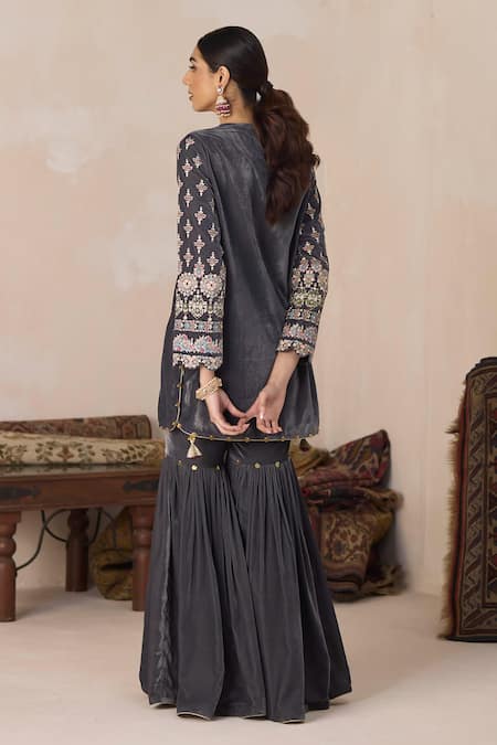 Shop Inej Grey Velvet Embroidery, Sequins, Zari Round Neck Floral Kurta And Gharara Set at Aza Fashions Shop_Inej_Grey Velvet Embroidery, Sequins, Zari Round Neck Floral Kurta And Gharara Set _at_Aza_Fashions