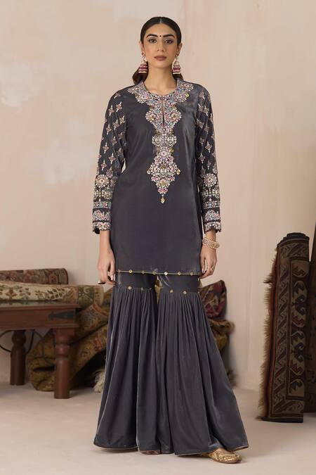 Buy Inej Grey Velvet Embroidery, Sequins, Zari Round Neck Floral Kurta And Gharara Set Online at Aza Fashions Buy_Inej_Grey Velvet Embroidery, Sequins, Zari Round Neck Floral Kurta And Gharara Set _Online_at_Aza_Fashions