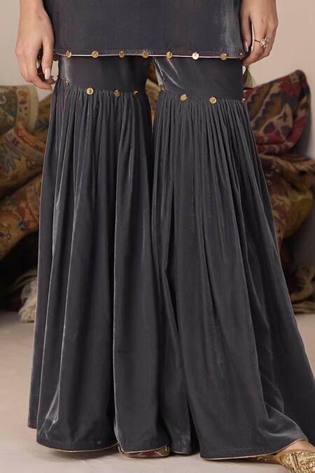 Shop Inej Grey Velvet Embroidery, Sequins, Zari Round Neck Floral Kurta And Gharara Set Online at Aza Fashions Shop_Inej_Grey Velvet Embroidery, Sequins, Zari Round Neck Floral Kurta And Gharara Set _Online_at_Aza_Fashions