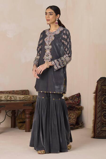 Buy Inej Grey Velvet Embroidery, Sequins, Zari Round Neck Floral Kurta And Gharara Set Buy_Inej_Grey Velvet Embroidery, Sequins, Zari Round Neck Floral Kurta And Gharara Set