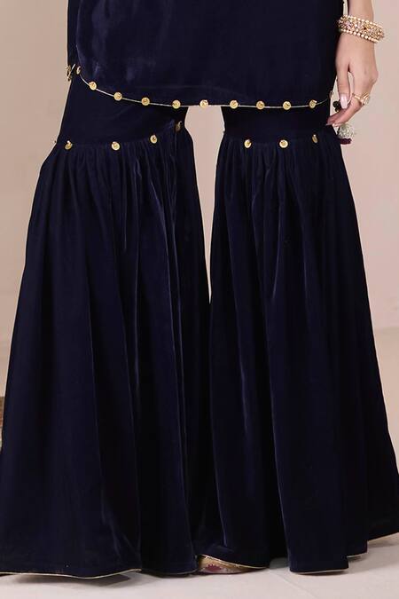 Inej Blue Velvet Embroidery, Sequins, Zari Round Kashmiri Floral Kurta And Gharara Set Online at Aza Fashions Inej_Blue Velvet Embroidery, Sequins, Zari Round Kashmiri Floral Kurta And Gharara Set _Online_at_Aza_Fashions