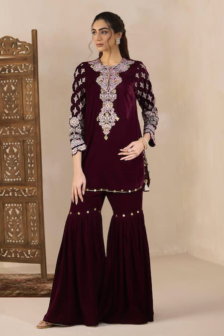 Shop Inej Maroon Velvet Embroidery, Sequins, Gota Patti Kashmiri Kurta And Gharara Set at Aza Fashions Shop_Inej_Maroon Velvet Embroidery, Sequins, Gota Patti Kashmiri Kurta And Gharara Set _at_Aza_Fashions