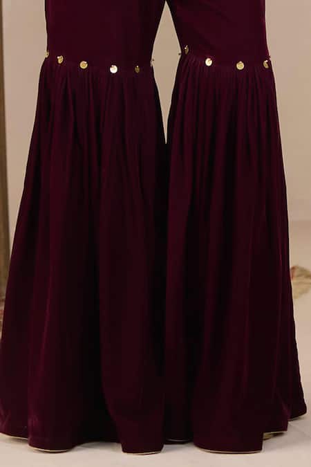 Buy Inej Maroon Velvet Embroidery, Sequins, Gota Patti Kashmiri Kurta And Gharara Set Online at Aza Fashions Buy_Inej_Maroon Velvet Embroidery, Sequins, Gota Patti Kashmiri Kurta And Gharara Set _Online_at_Aza_Fashions