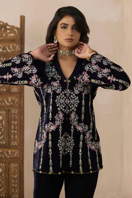 Buy Blue Velvet Embroidered Floral Camp Collar Coat Kurta And Pant