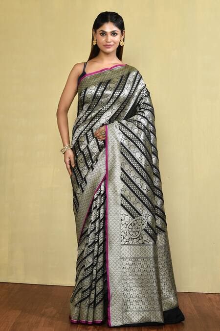 Nazaakat by Samara Singh Black Silk Woven Stripe Saree With Running Blouse