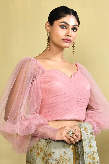 Buy Prathaa Pink khesh blouse with grey khesh umbrella sleeves