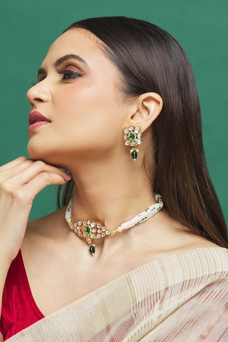 Buy_Our Purple Studio_White Pearls, Diamonds, Stones Kundan Studded Choker Set _Online_at_Aza_Fashions