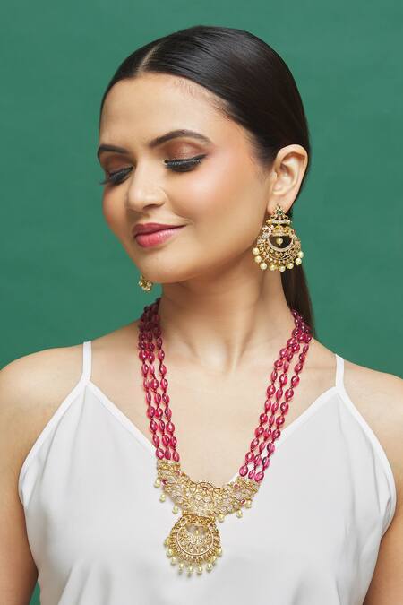 Buy_Our Purple Studio_Gold Plated Cubic Zirconia And Kemp Stones Multi-layered Long Necklace Set_Online_at_Aza_Fashions