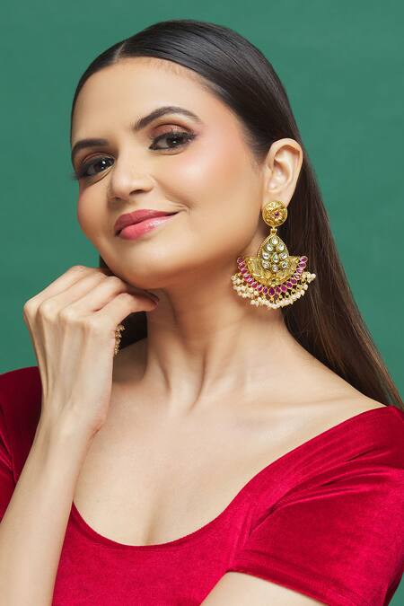 Our Purple Studio Gold Plated Pearls, Stones Floral Carved Earrings Online at Aza Fashions Our Purple Studio_Gold Plated Pearls, Stones Floral Carved Earrings _Online_at_Aza_Fashions