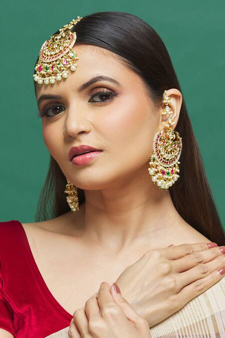 Buy_Our Purple Studio_Gold Plated Stones Embellished Earrings And Maangtikka Set _Online_at_Aza_Fashions