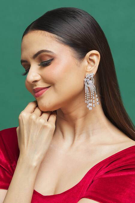 Our Purple Studio White Semi Precious Stone, American Diamond Cubic Zirconia Embellished Danglers Online at Aza Fashions Our Purple Studio_White Semi Precious Stone, American Diamond Cubic Zirconia Embellished Danglers_Online_at_Aza_Fashions