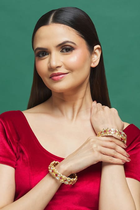 Our Purple Studio Gold Plated Pearls, Lace, Stones Kundan Encrusted Bangles - Set Of 2 Online at Aza Fashions Our Purple Studio_Gold Plated Pearls, Lace, Stones Kundan Encrusted Bangles - Set Of 2 _Online_at_Aza_Fashions