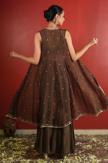 Shop Enamour By Radha Brown Viscose, Organza, Silk Sequins, Mirrors, Embroidered Jacket Sharara Set at Aza Fashions Shop_Enamour By Radha_Brown Viscose, Organza, Silk Sequins, Mirrors, Embroidered Jacket Sharara Set _at_Aza_Fashions