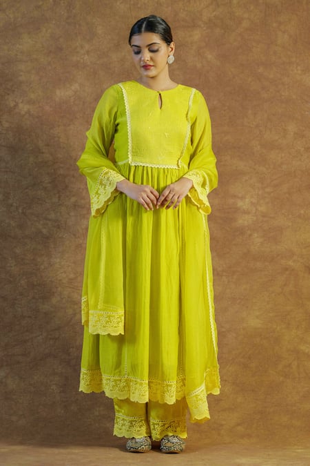Farha Syed Yellow Silk, , Silk, Organza Embroidered Anarkali Palazzo Set 