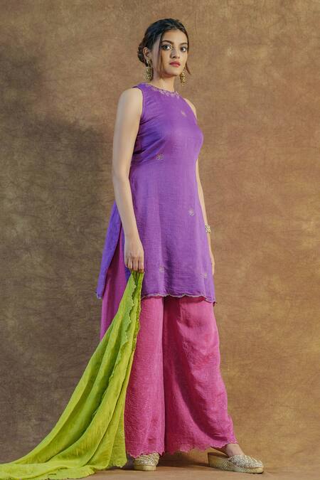 Farha Syed_Purple Mul Chanderi Silk Hand Embroidered Zari Round Kurta Palazzo Set_Online_at_Aza_Fashions