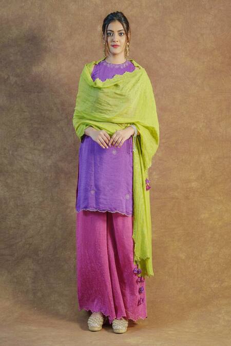 Buy_Farha Syed_Purple Mul Chanderi Silk Hand Embroidered Zari Round Kurta Palazzo Set_Online_at_Aza_Fashions
