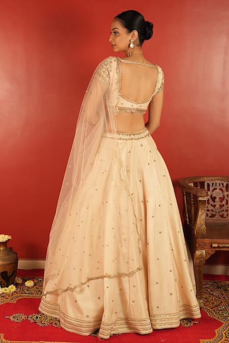 Shop_Enamour By Radha_Ivory Organza, Net, Silk Sequins, Zari Round Floral Embroidered Lehenga Set _at_Aza_Fashions