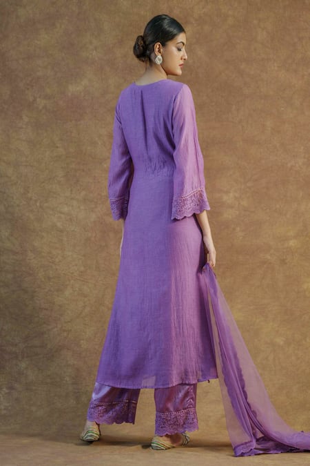 Shop Farha Syed Purple Net, Satin, Chanderi Lace V-neck Embroidered Kurta Palazzo Set at Aza Fashions Shop_Farha Syed_Purple Net, Satin, Chanderi Lace V-neck Embroidered Kurta Palazzo Set _at_Aza_Fashions