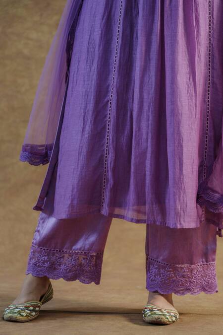 Farha Syed Purple Net, Satin, Chanderi Lace V-neck Embroidered Kurta Palazzo Set Online at Aza Fashions Farha Syed_Purple Net, Satin, Chanderi Lace V-neck Embroidered Kurta Palazzo Set _Online_at_Aza_Fashions