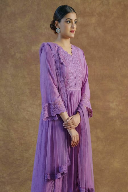 Buy Farha Syed Purple Net, Satin, Chanderi Lace V-neck Embroidered Kurta Palazzo Set Online at Aza Fashions Buy_Farha Syed_Purple Net, Satin, Chanderi Lace V-neck Embroidered Kurta Palazzo Set _Online_at_Aza_Fashions
