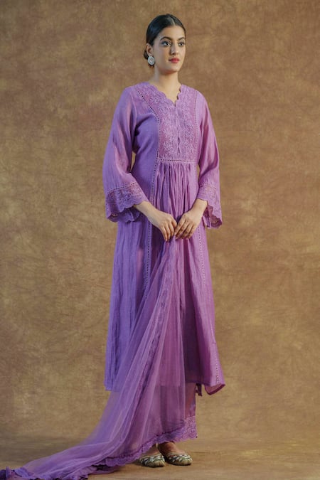 Shop Farha Syed Purple Net, Satin, Chanderi Lace V-neck Embroidered Kurta Palazzo Set Online at Aza Fashions Shop_Farha Syed_Purple Net, Satin, Chanderi Lace V-neck Embroidered Kurta Palazzo Set _Online_at_Aza_Fashions