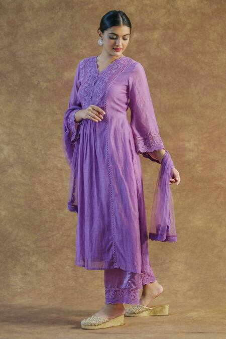 Farha Syed Purple Net, Satin, Chanderi Lace V-neck Embroidered Kurta Palazzo Set at Aza Fashions Farha Syed_Purple Net, Satin, Chanderi Lace V-neck Embroidered Kurta Palazzo Set _at_Aza_Fashions