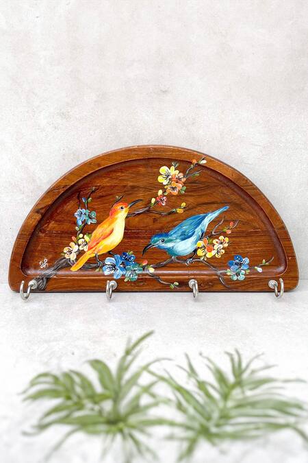 Floursha_Brown Acacia Wood Hand Paint Key Holder_Online_at_Aza_Fashions