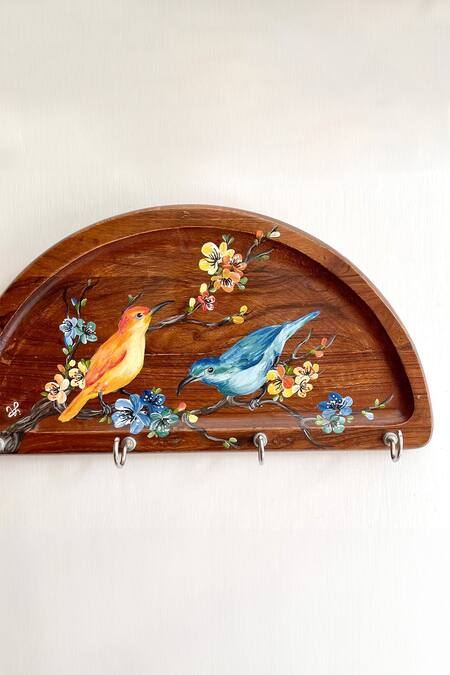 Shop_Floursha_Brown Acacia Wood Hand Paint Key Holder_Online_at_Aza_Fashions