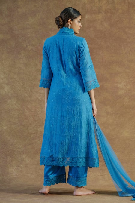 Shop Farha Syed Blue Mul Chanderi Silk Embroidered Lace V Neck Kurta Palazzo Set at Aza Fashions Shop_Farha Syed_Blue Mul Chanderi Silk Embroidered Lace V Neck Kurta Palazzo Set _at_Aza_Fashions