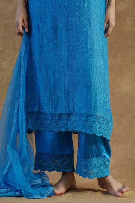 Farha Syed Blue Mul Chanderi Silk Embroidered Lace V Neck Kurta Palazzo Set Online at Aza Fashions Farha Syed_Blue Mul Chanderi Silk Embroidered Lace V Neck Kurta Palazzo Set _Online_at_Aza_Fashions