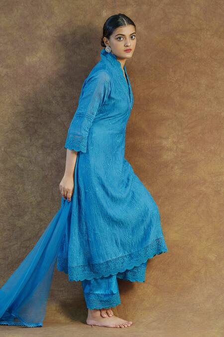 Buy Farha Syed Blue Mul Chanderi Silk Embroidered Lace V Neck Kurta Palazzo Set Online at Aza Fashions Buy_Farha Syed_Blue Mul Chanderi Silk Embroidered Lace V Neck Kurta Palazzo Set _Online_at_Aza_Fashions