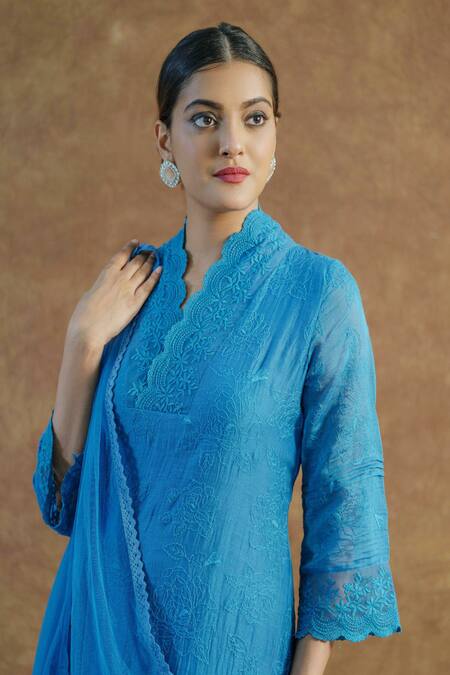 Shop Farha Syed Blue Mul Chanderi Silk Embroidered Lace V Neck Kurta Palazzo Set Online at Aza Fashions Shop_Farha Syed_Blue Mul Chanderi Silk Embroidered Lace V Neck Kurta Palazzo Set _Online_at_Aza_Fashions