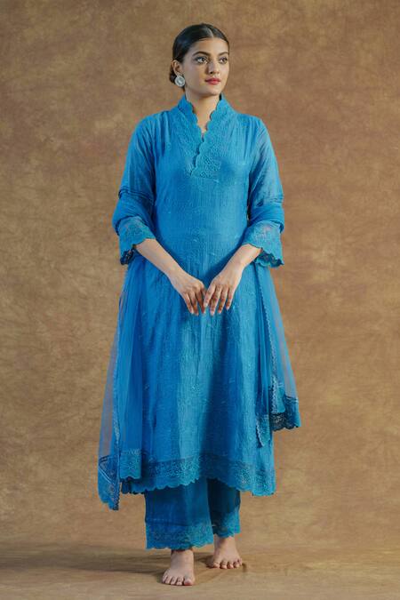 Farha Syed Blue Mul Chanderi Silk Embroidered Lace V Neck Kurta Palazzo Set at Aza Fashions Farha Syed_Blue Mul Chanderi Silk Embroidered Lace V Neck Kurta Palazzo Set _at_Aza_Fashions