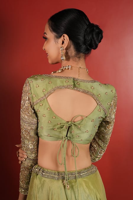 Shop_Enamour By Radha_Green Organza, Silk Sequins, Zari, Cut Work Hand Embroidered Zardozi Lehenga Set _at_Aza_Fashions