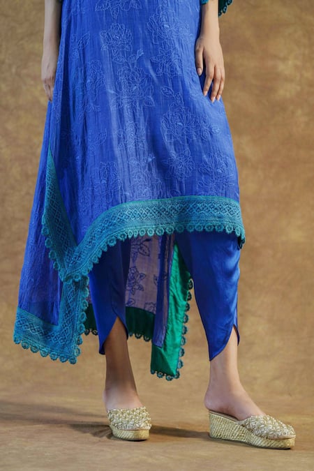 Farha Syed_Blue Net, , Chanderi Lace V-neck Embroidered Kurta Dhoti Pant Set _Online_at_Aza_Fashions