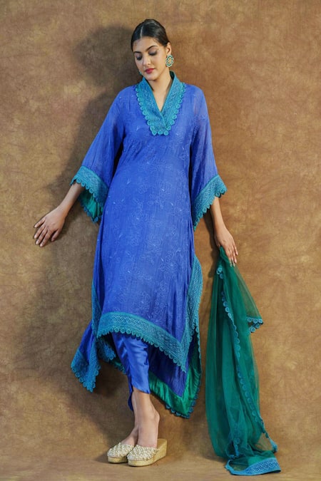 Buy_Farha Syed_Blue Net, , Chanderi Lace V-neck Embroidered Kurta Dhoti Pant Set _Online_at_Aza_Fashions