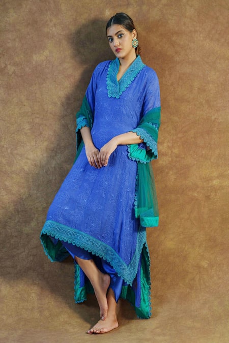Shop_Farha Syed_Blue Net, , Chanderi Lace V-neck Embroidered Kurta Dhoti Pant Set _Online_at_Aza_Fashions
