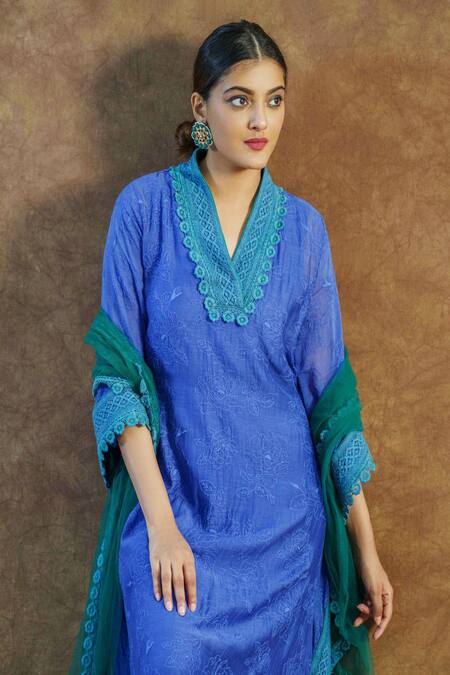 Farha Syed_Blue Net, , Chanderi Lace V-neck Embroidered Kurta Dhoti Pant Set _at_Aza_Fashions