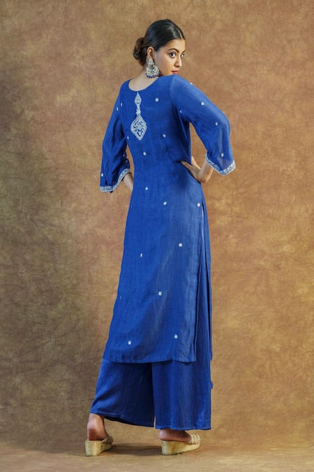 Shop Farha Syed Blue Linen, , Satin Embroidery V-neck Mirror Kurta Palazzo Set at Aza Fashions Shop_Farha Syed_Blue Linen, , Satin Embroidery V-neck Mirror Kurta Palazzo Set _at_Aza_Fashions