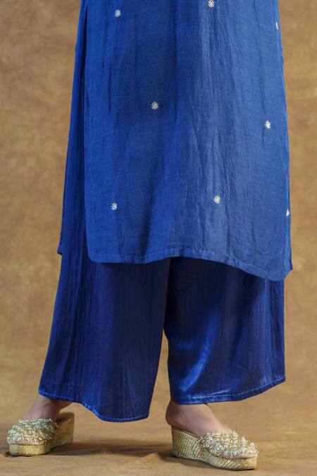 Farha Syed Blue Linen, , Satin Embroidery V-neck Mirror Kurta Palazzo Set Online at Aza Fashions Farha Syed_Blue Linen, , Satin Embroidery V-neck Mirror Kurta Palazzo Set _Online_at_Aza_Fashions