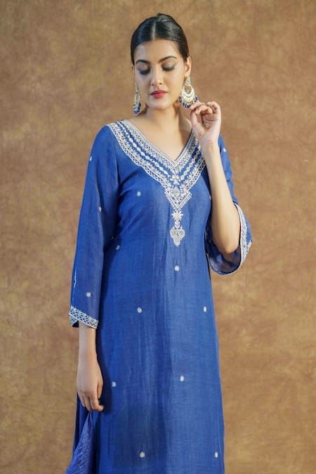 Buy Farha Syed Blue Linen, , Satin Embroidery V-neck Mirror Kurta Palazzo Set Online at Aza Fashions Buy_Farha Syed_Blue Linen, , Satin Embroidery V-neck Mirror Kurta Palazzo Set _Online_at_Aza_Fashions
