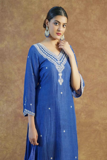 Shop Farha Syed Blue Linen, , Satin Embroidery V-neck Mirror Kurta Palazzo Set Online at Aza Fashions Shop_Farha Syed_Blue Linen, , Satin Embroidery V-neck Mirror Kurta Palazzo Set _Online_at_Aza_Fashions
