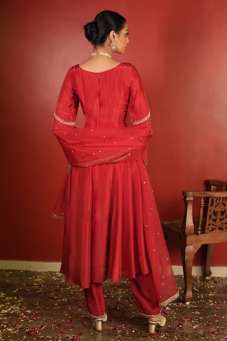 Shop_Enamour By Radha_Red Organza, Silk Sequins, Zari, Embellished Yoke Gathered Anarkali Set _at_Aza_Fashions