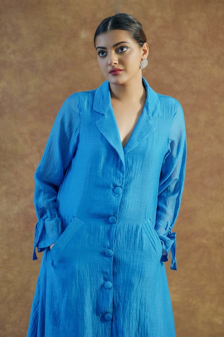 Buy_Farha Syed_Blue Mul Chanderi Silk Embroidered Thread Lapel Collar Coat And Palazzo Set _Online_at_Aza_Fashions