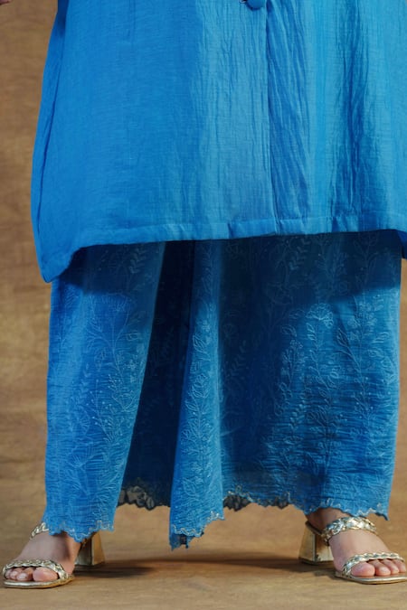 Shop_Farha Syed_Blue Mul Chanderi Silk Embroidered Thread Lapel Collar Coat And Palazzo Set _Online_at_Aza_Fashions