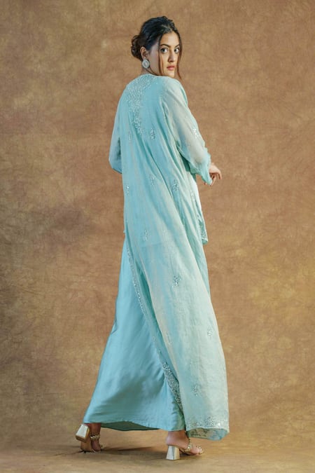 Shop_Farha Syed_Green Modal, Satin, Chanderi Mirrors, Zari, Cut Work, Hand Shrug Skirt Set _at_Aza_Fashions